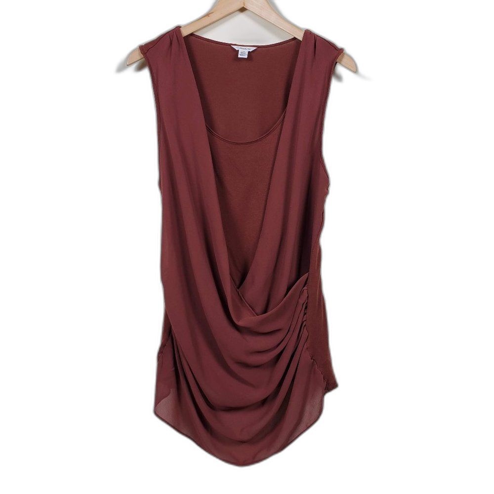 Calvin Klein Sleeveless Blouse Womans Size L Brown Fraux Wrapped Front